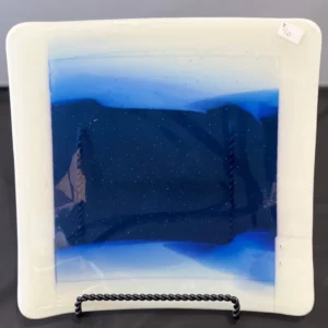 Medium 10 x 10 Blue & White Square Plate - Fused Glass