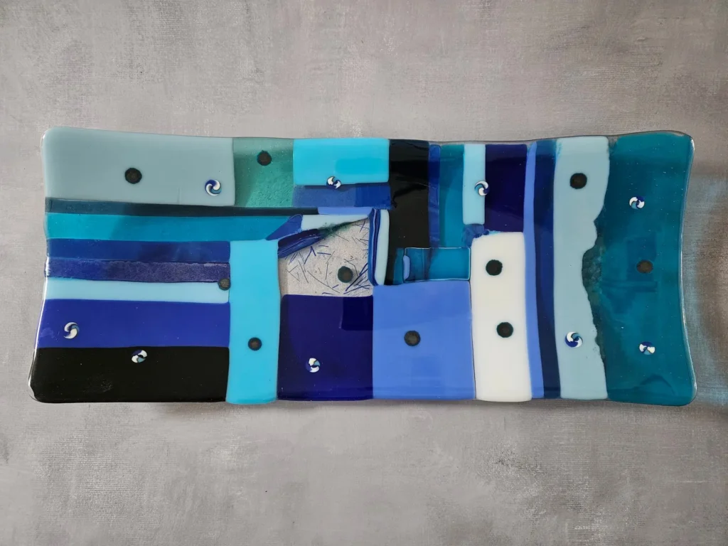 “Blue Rhythms” Tray 14″ x 6″ - Fused Glass