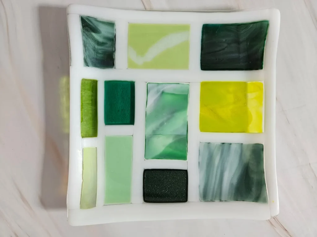 “Verdant Patchwork” Plate 8″ x 8″ - Fused Glass