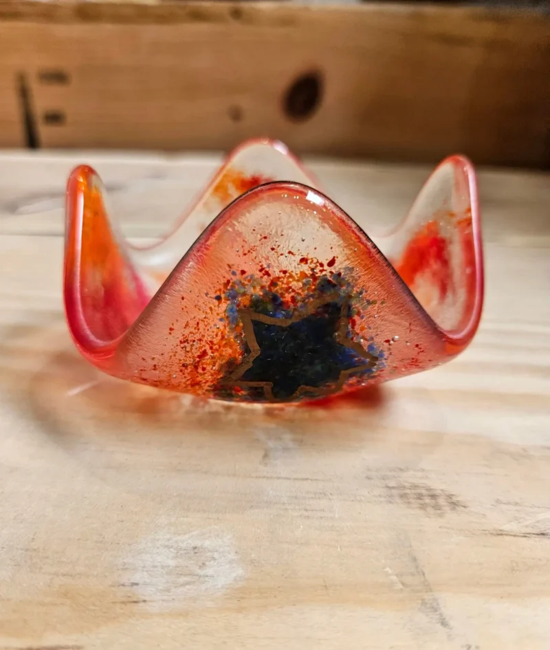 “Fiery Crest” Votive Candle Holder 3″ x 3″ - Fused Glass