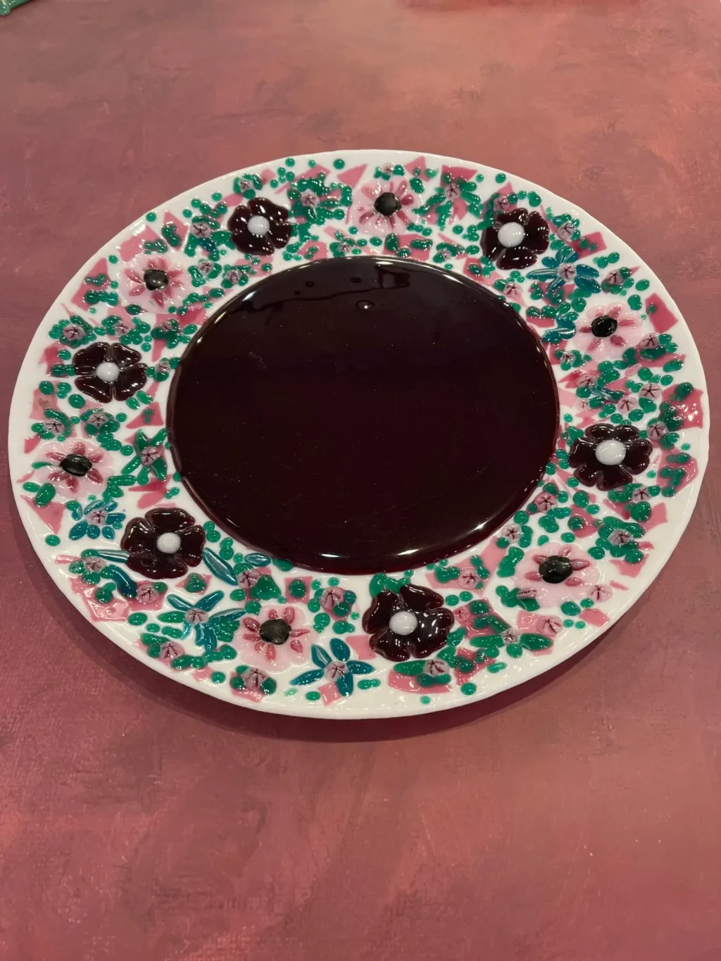 Cranberry Center with Cranberry and Pink flowers with Green accents – 13 1/2″ Tray - Fused Glass