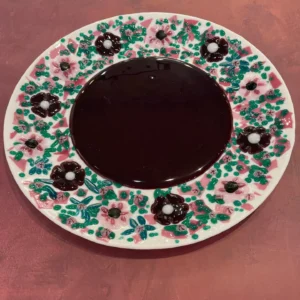 Cranberry Center with Cranberry and Pink flowers with Green accents – 13 1/2″ Tray - Fused Glass