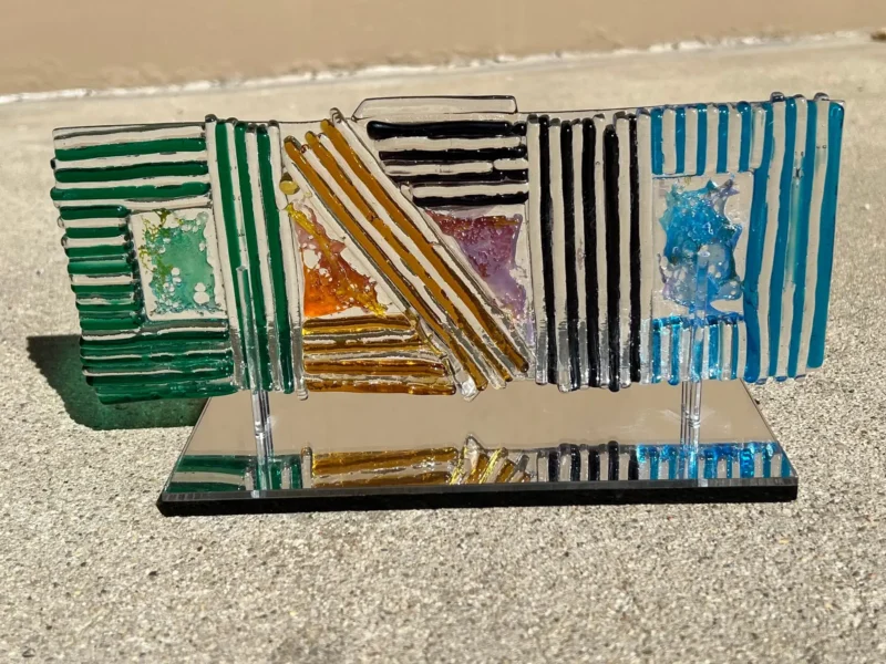 Fused Glass Abstract Line Sculpture w Mirrored Stand - Fused Glass