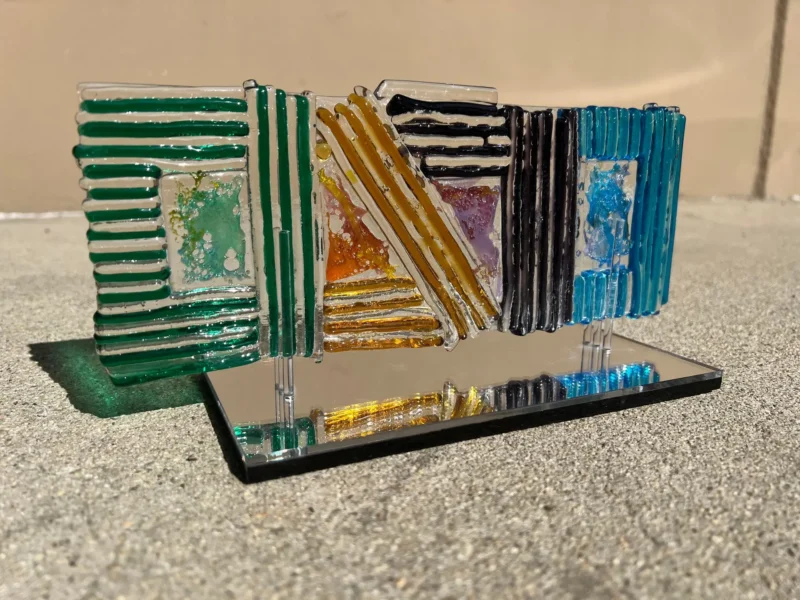 Fused Glass Abstract Line Sculpture w Mirrored Stand - Image 2
