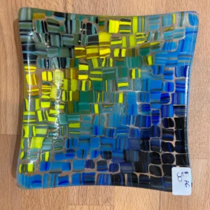 Small Blue, Yellow, Green and Black Crosshatch Dish - Fused Glass