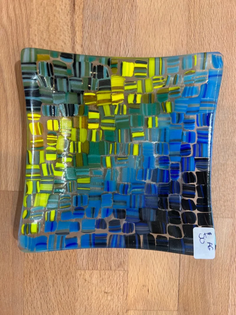 Small Blue, Yellow, Green and Black Crosshatch Dish - Fused Glass