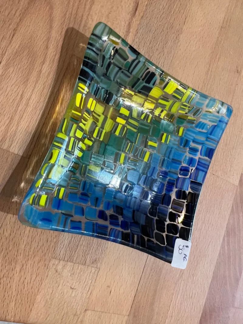 Small Blue, Yellow, Green and Black Crosshatch Dish - Image 2