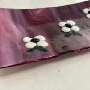 Little White Flowers on Cranberry Tray 5″ x 9″ - Fused Glass