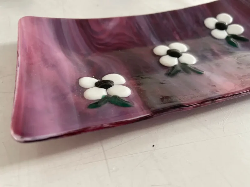 Little White Flowers on Cranberry Tray 5″ x 9″ - Fused Glass