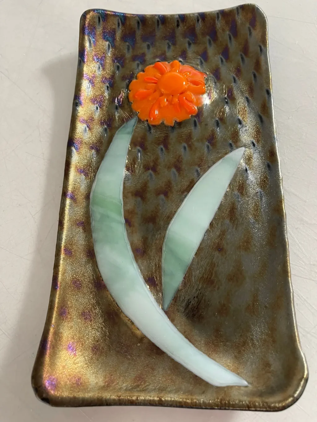 Orange Flower Small Dish 9″ x 4-1/2″ - Fused Glass