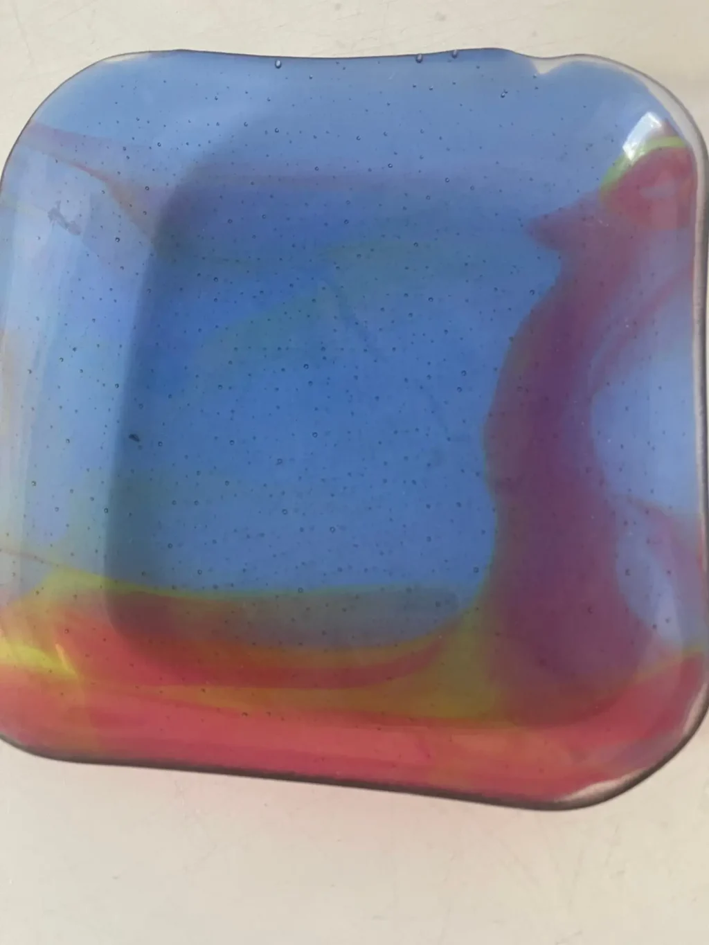 Transparent blue, yellow, red square bowl 10″ x 10″ - Fused Glass