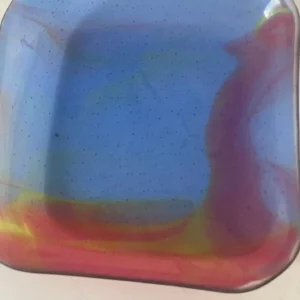 Transparent blue, yellow, red square bowl 10″ x 10″ - Fused Glass