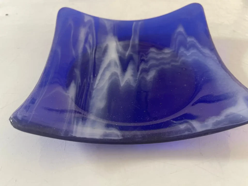 Sapphire Blue and White Small Dish 6-1/2″ Square - Fused Glass