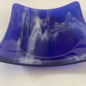 Sapphire Blue and White Small Dish 6-1/2″ Square - Fused Glass