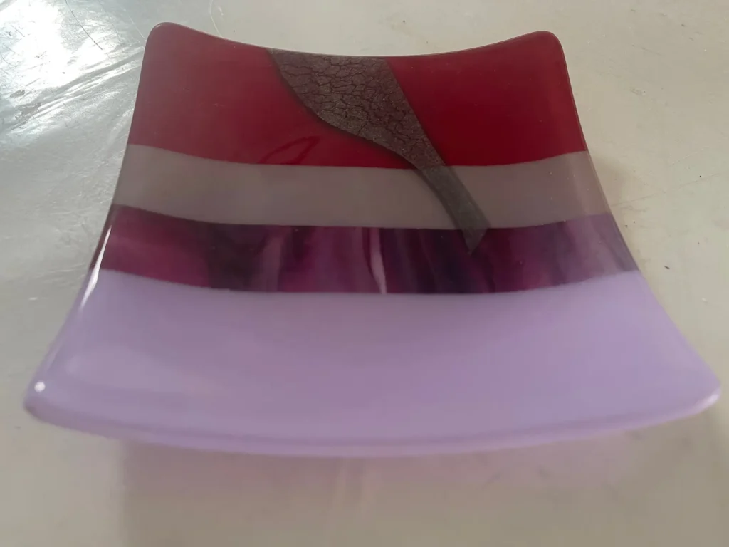 Lavender, Fuschia and Red Small Dish 6″ Square - Fused Glass