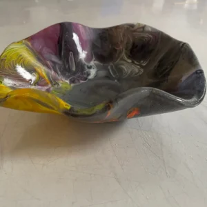 Yellow, Gray and Purple Ruffled Bowl 8″ - Fused Glass