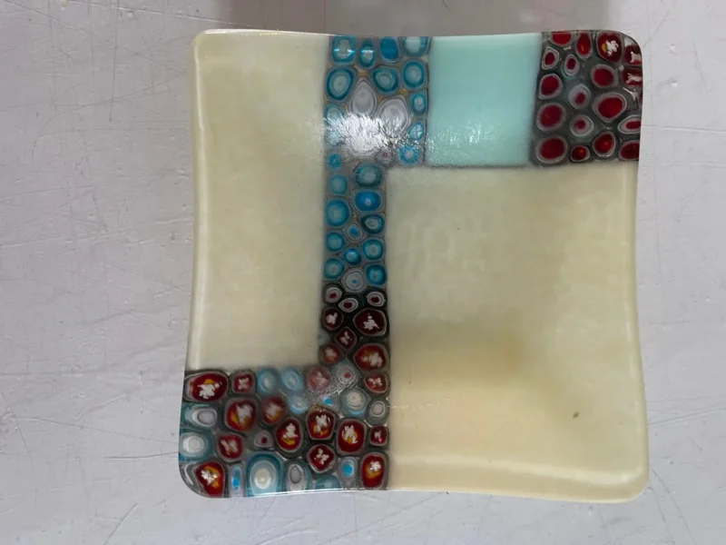 Cream, Blue and Red Small Dish 5″ x 5″ - Fused Glass