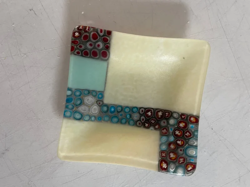 Cream, Blue and Red Small Dish 5" x 5" - Image 2