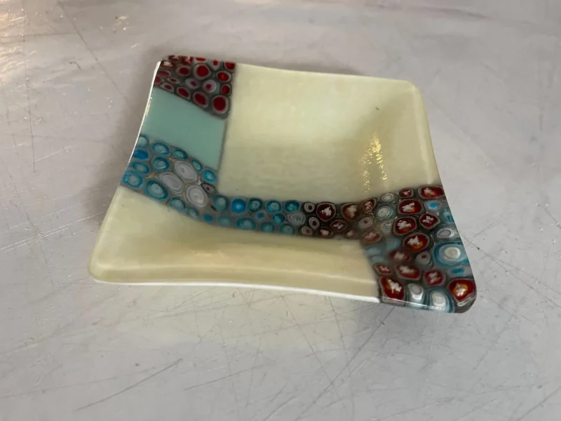 Cream, Blue and Red Small Dish 5" x 5" - Image 3