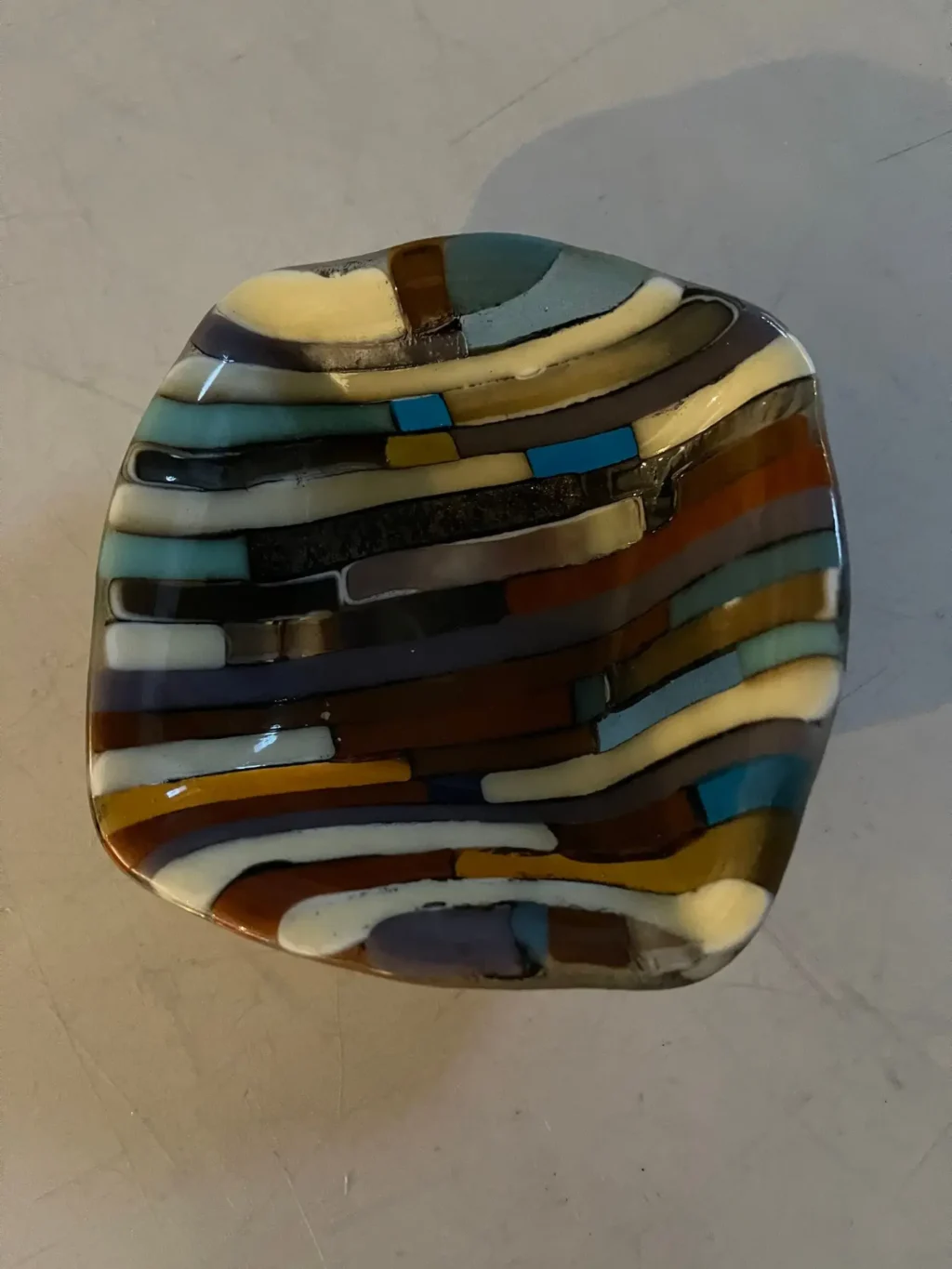 Cream, Amber and Blue Small Bowl 4″ x 4″ - Fused Glass