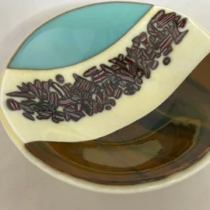 Brown, Cream and Aqua Bowl 6″ Round - Fused Glass