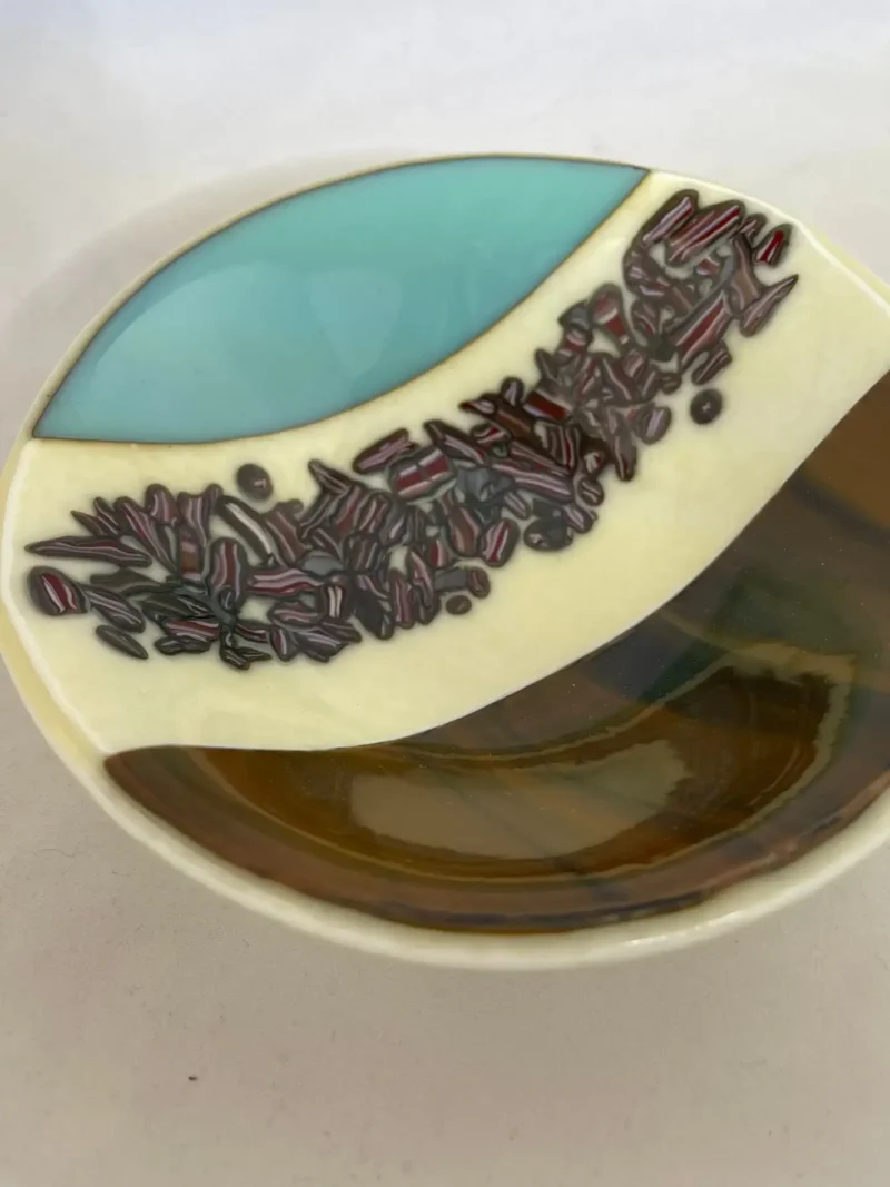 Brown, Cream and Aqua Bowl 6″ Round - Fused Glass
