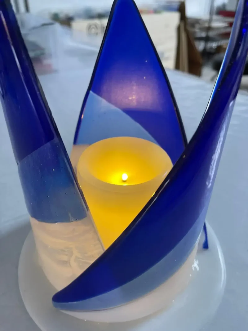 “Cathedral Flame” Candle Holder 8″ Round Base x 9″ Tall - Fused Glass