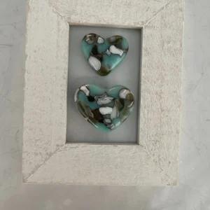 “Mint Mosaic Hearts” Framed Art 3-1/2″ x 4-1/2″ - Fused Glass