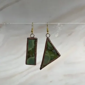 Green Moss Rectangle and Triangle Earrings Set 1 3/4″ - Stained Glass