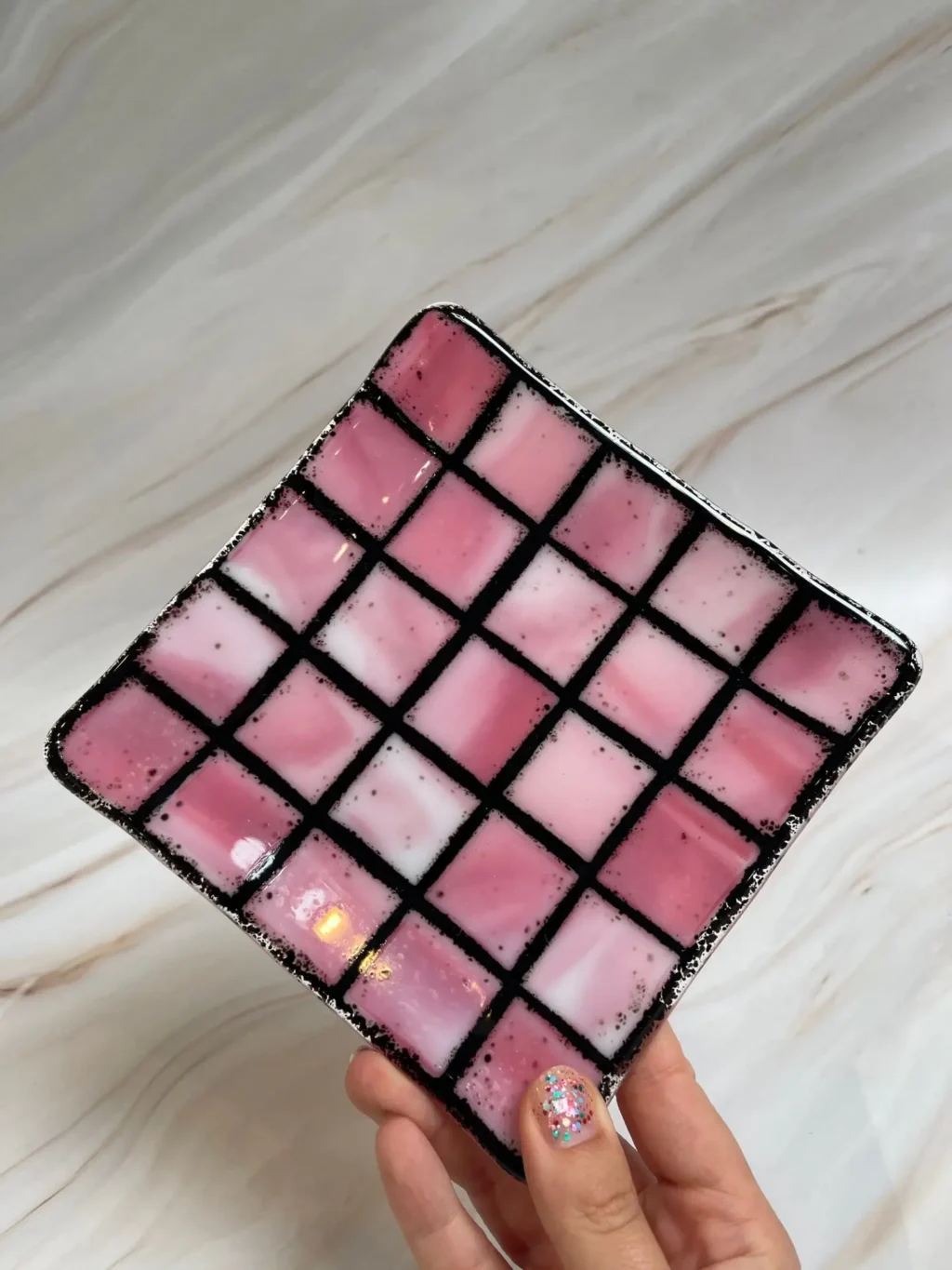 “Blush Grid Elegance” Square Plate 6″ x 6″ - Fused Glass