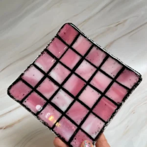 “Blush Grid Elegance” Square Plate 6″ x 6″ - Fused Glass