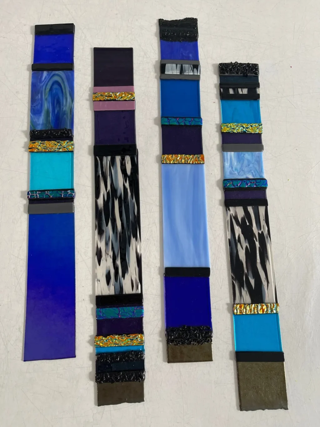 “Cobalt Cascades” 4-Panel Wall Art – Each Panel 25″ x 3″ - Fused Glass