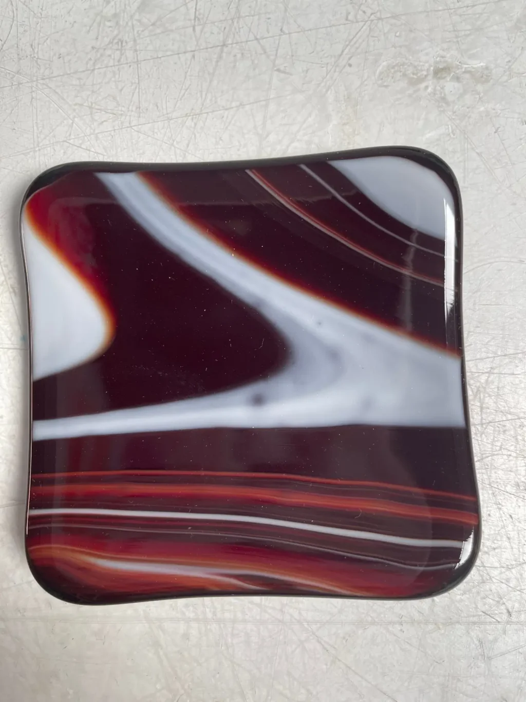 Crimson Swirl Glass Dish 4″ x 4″ - Fused Glass