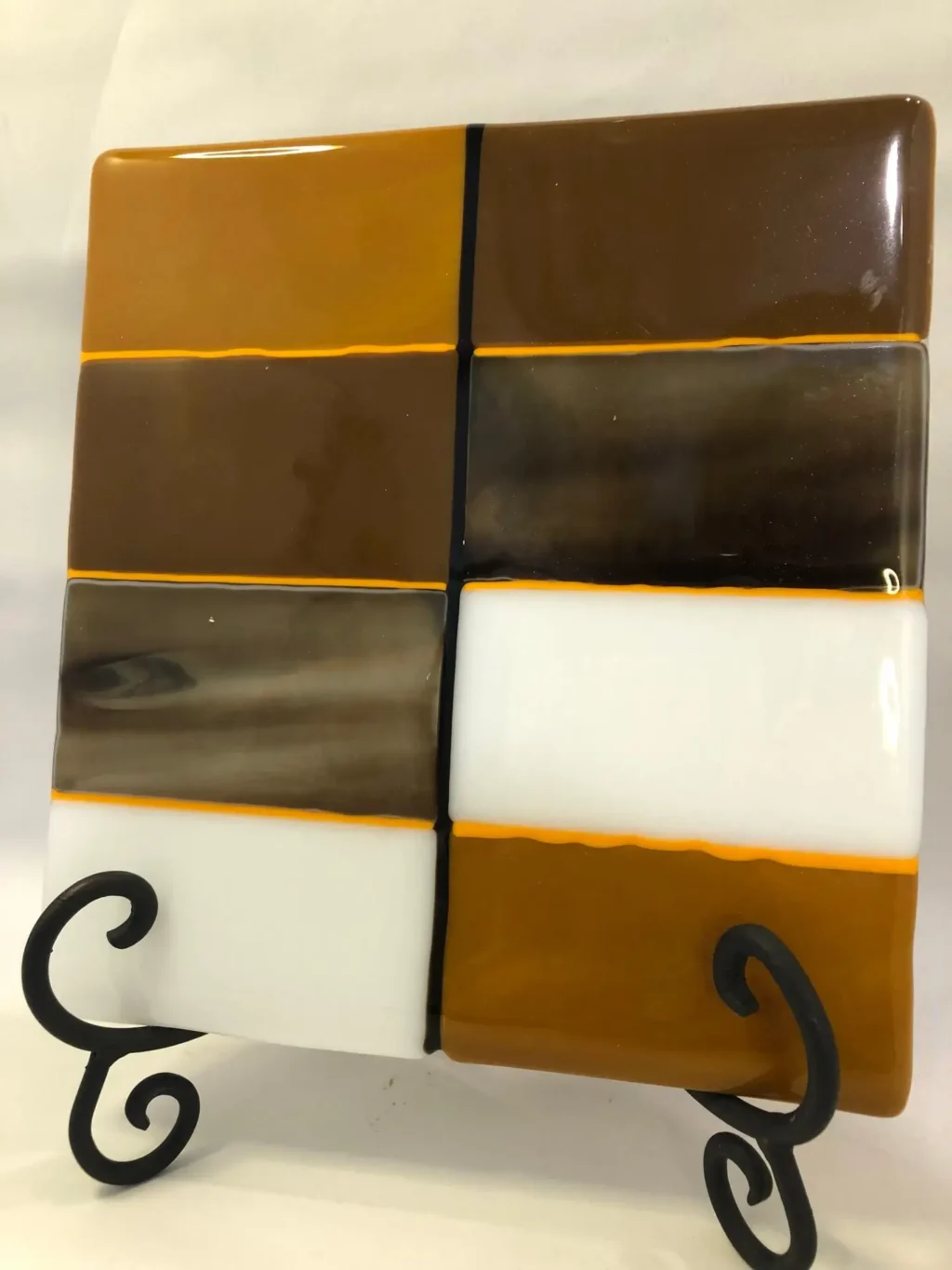 8″ Curved Square Plate with Brown & White Accents - Fused Glass