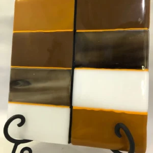 8″ Curved Square Plate with Brown & White Accents - Fused Glass