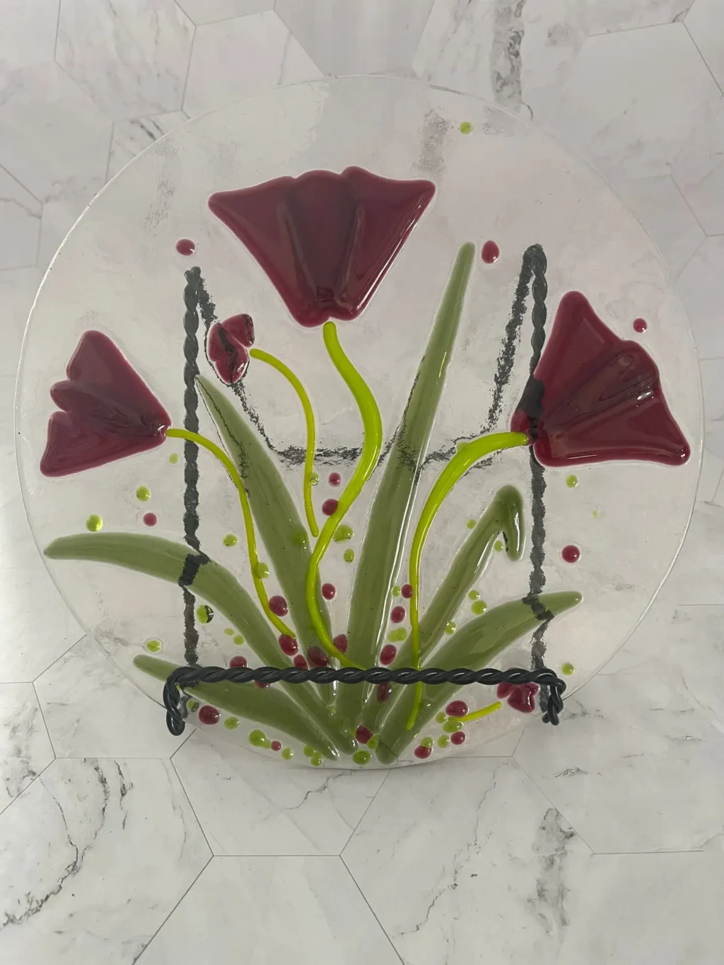 Blooming Radiance 10″ Round Art Piece - Fused Glass