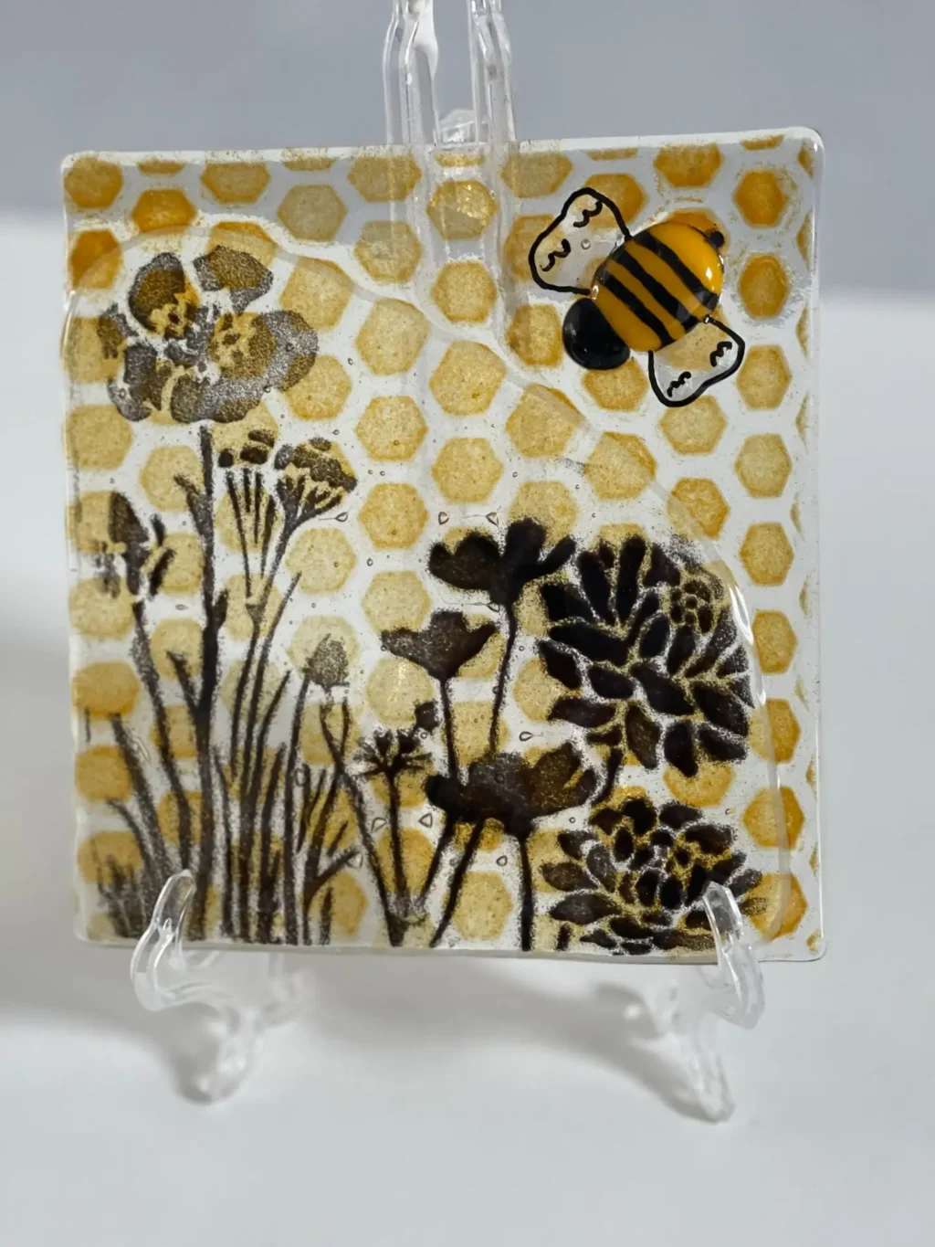 “Blossom and Buzz” Table Art 5″ x 5″ - Fused Glass