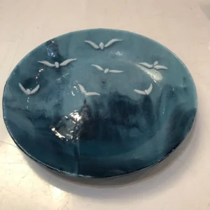 11″ Blue swirly bowl with birds enjoying the view. - Fused Glass