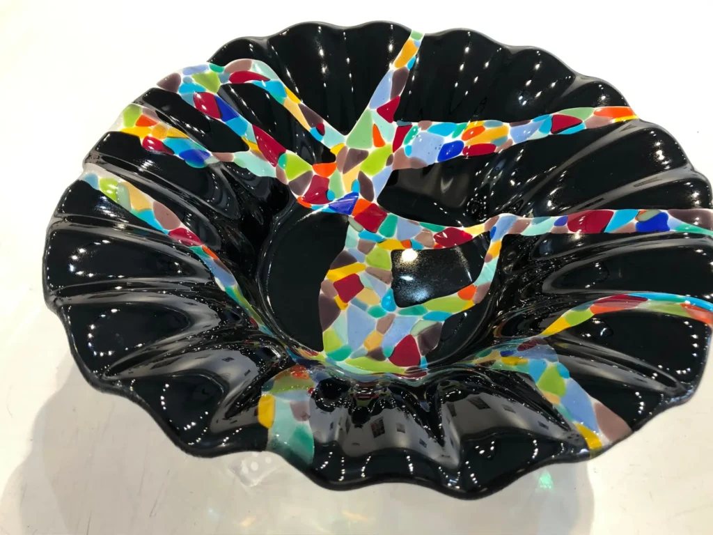 10″ Black Ruffled Edge Bowl - Fused Glass