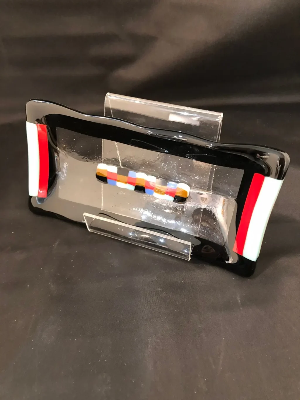 4″ x 8″ Tray – Modern Clear, Red, Black, & Blue - Fused Glass