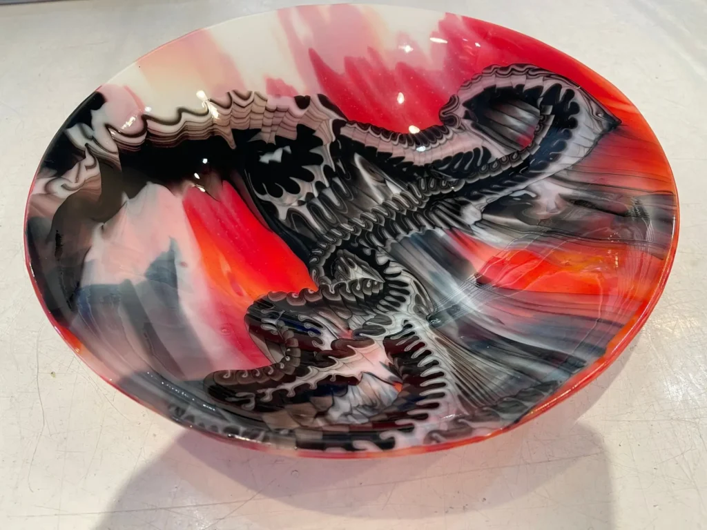 16″ Designer Bowl Red, White and Black - Fused Glass