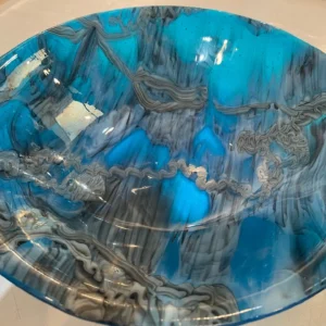 16″ Blue Bowl with Black and White Design - Fused Glass