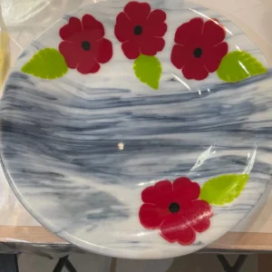 11″ Blue and White Bowl with Beautiful Red Flowers - Fused Glass