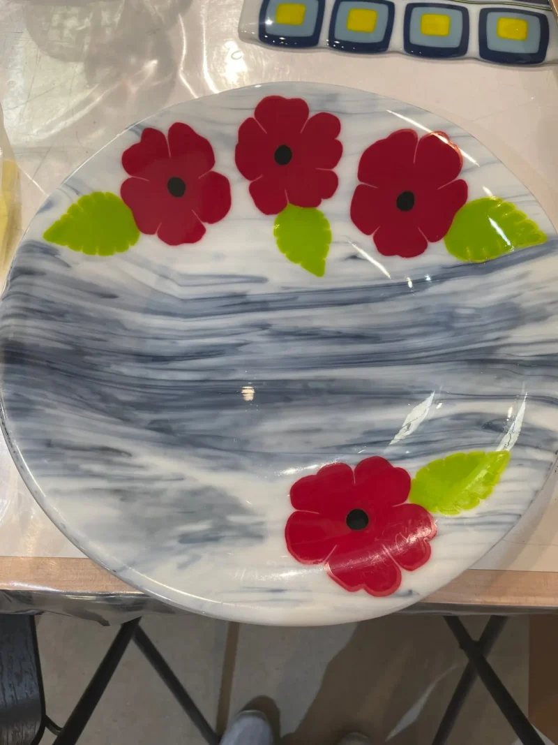 11″ Blue and White Bowl with Beautiful Red Flowers - Fused Glass