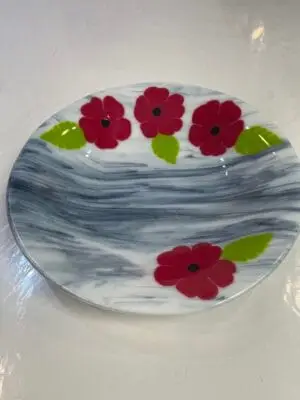 11" Blue and White Bowl with Beautiful Red Flowers - Image 2