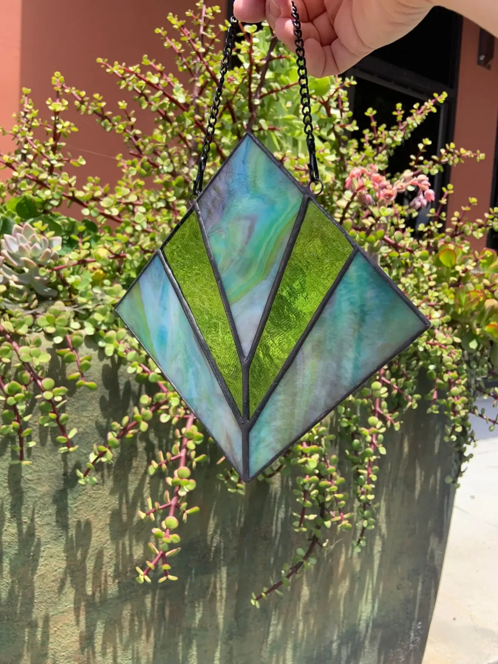 “Emerald Tranquility” Stained Glass Light Catcher 5-3/4″ x 5-3/4″ - Stained Glass