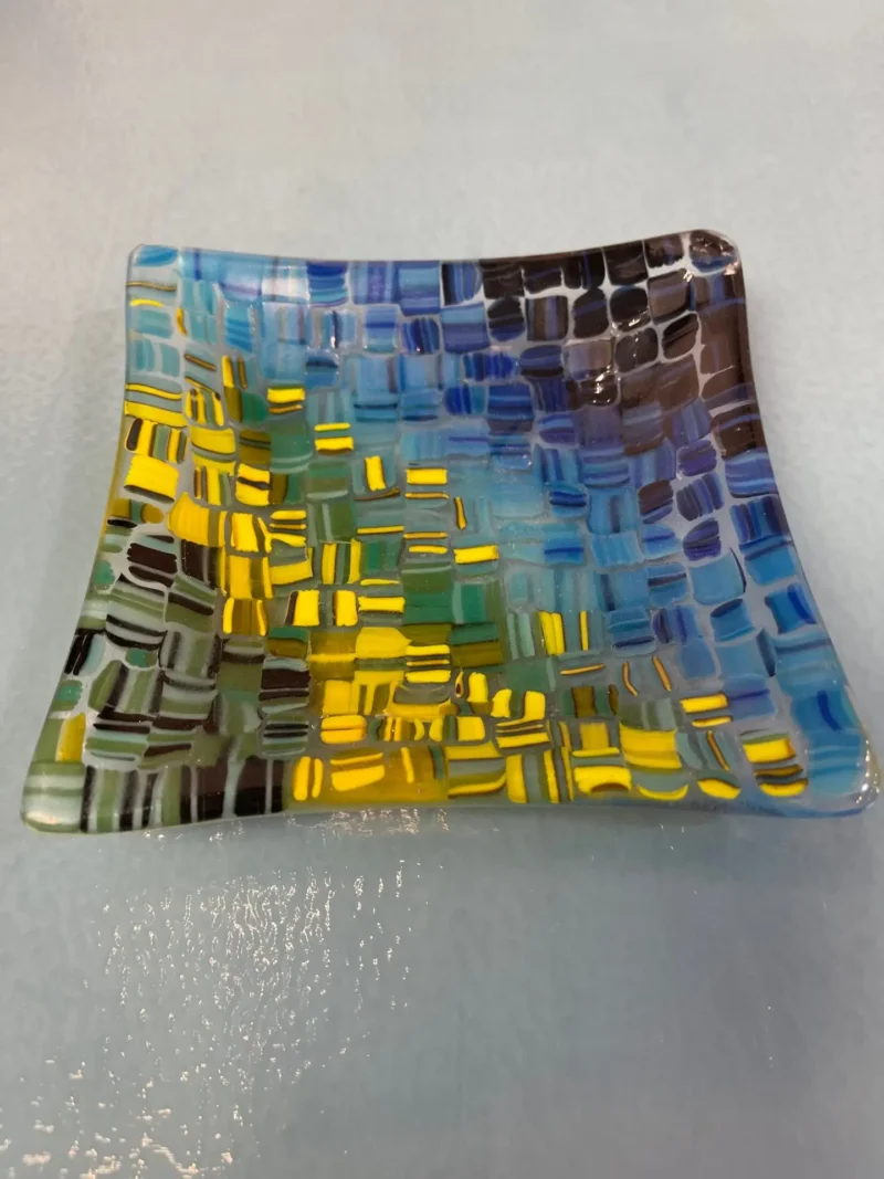 Small Blue, Yellow, Green and Black Crosshatch Dish - Image 3