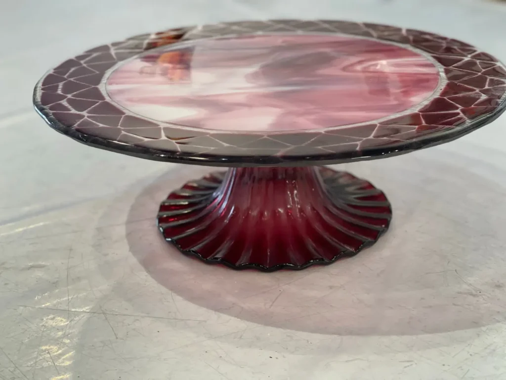 Cake Plate with Pedestal – Cranberry - Fused Glass