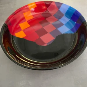 Dynamic Bowl Black and Checkerboard Design 11″ - Fused Glass