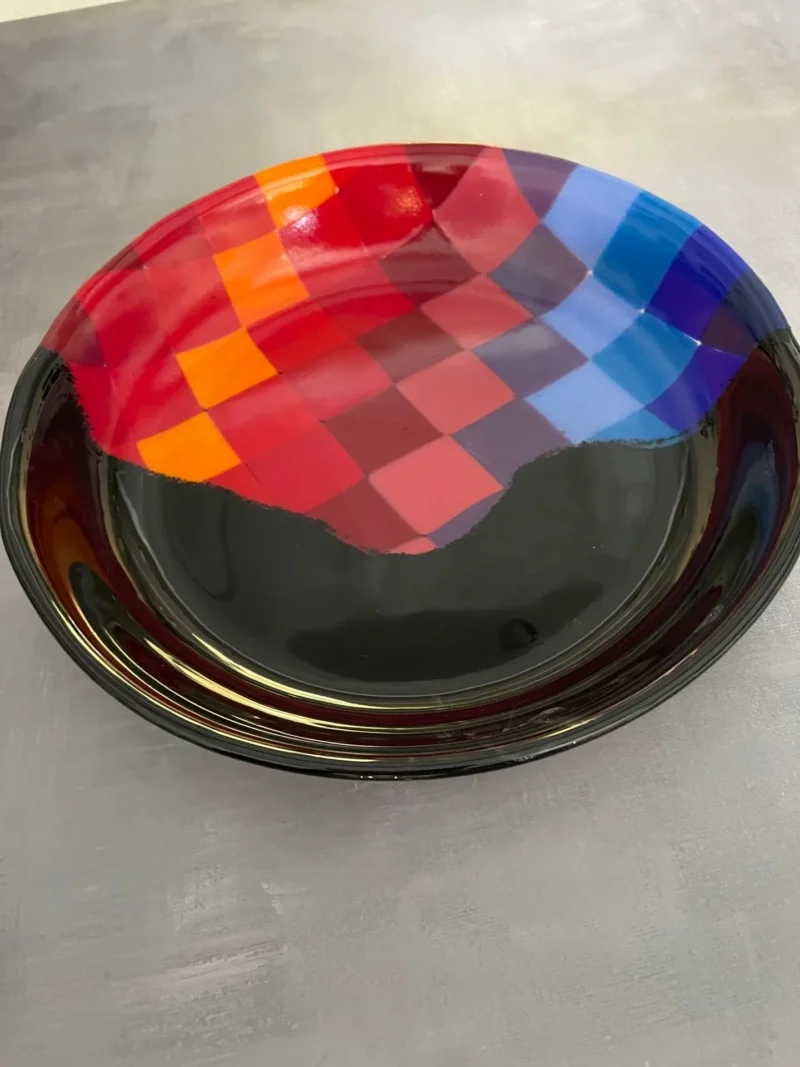 Dynamic Bowl Black and Checkerboard Design 11″ - Fused Glass